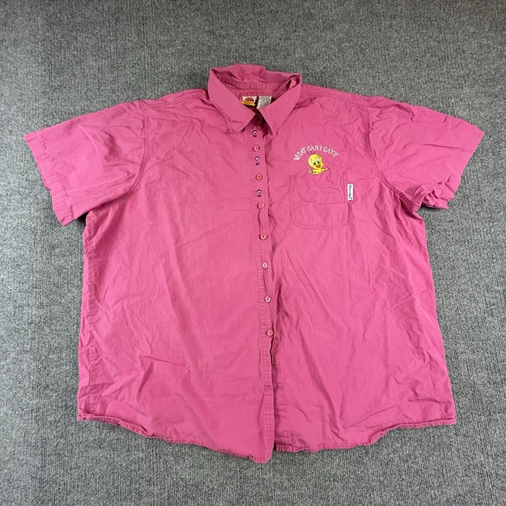 Looney Tunes Shirt Womens 22W Pink Tweety Embroidered Button Front Top Cartoon